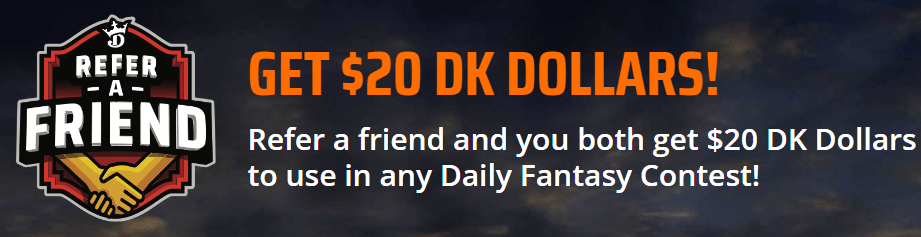 DraftKings, one of the leading online sports betting and daily fantasy sports platforms, is currently running a promotional offer where both the referrer and the invited friend can earn $20 DK Dollars by signing up and depositing a minimum of $20 on DraftKings.

To take advantage of this promotion, you will need to use a referral link to sign up for a new account on DraftKings (here's mine). Once you have successfully registered and made a minimum deposit of $20, you will become eligible for the promotion.