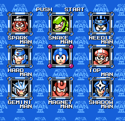 Mega Man 3 Boss and Stage Select Screens