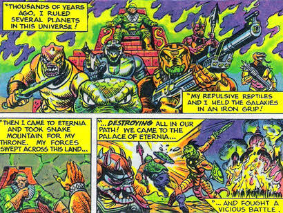 Once upon a time, the Snake Men constituted a relentless and expansive army that conquered numerous worlds under the tyrannical rule of King Hiss. Their insidious quest for dominance brought them to the gates of Eternia, where they established their stronghold, Snake Mountain. However, the Snake Men underestimated the power of the Elders of Eternia, who, wielding their magic, banished King Hiss and his army into a limbo-like dimension. The Snake Men's empire crumbled, but a small number of them remained on Eternia. Years later, Skeletor would free King Hiss, ultimately paving the way for their ominous collaboration.