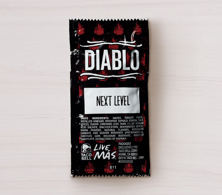 Diablo Sauce

The newest addition to Taco Bell's sauce lineup, Diablo Sauce packs a powerful punch with its intense heat and complex flavor profile. Made with a blend of peppers and spices, it's not for the faint of heart but promises a thrilling culinary adventure for those brave enough to try it.